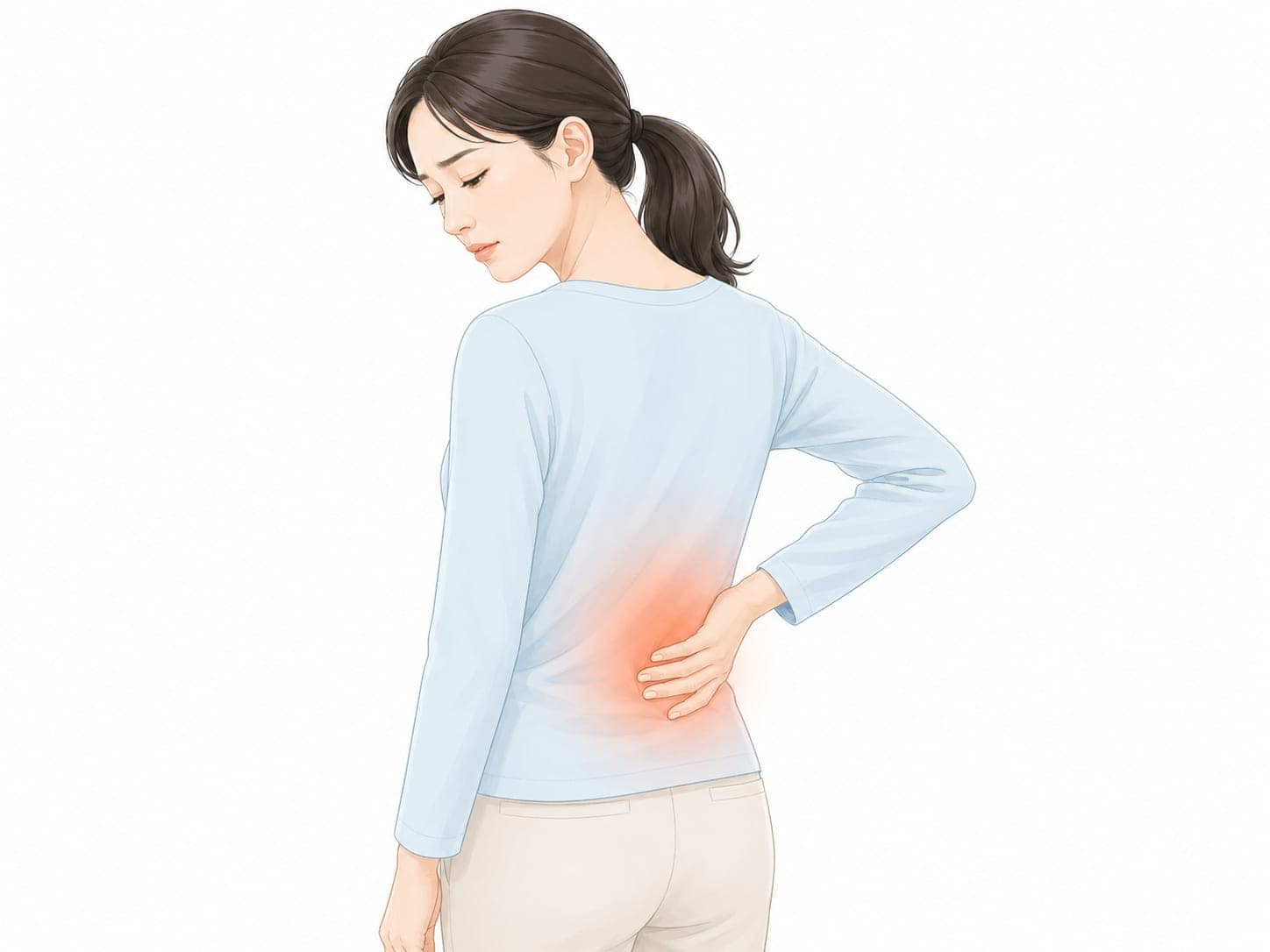 腰に手を当てて痛みを感じている女性のイラスト(腰痛のイメージ)