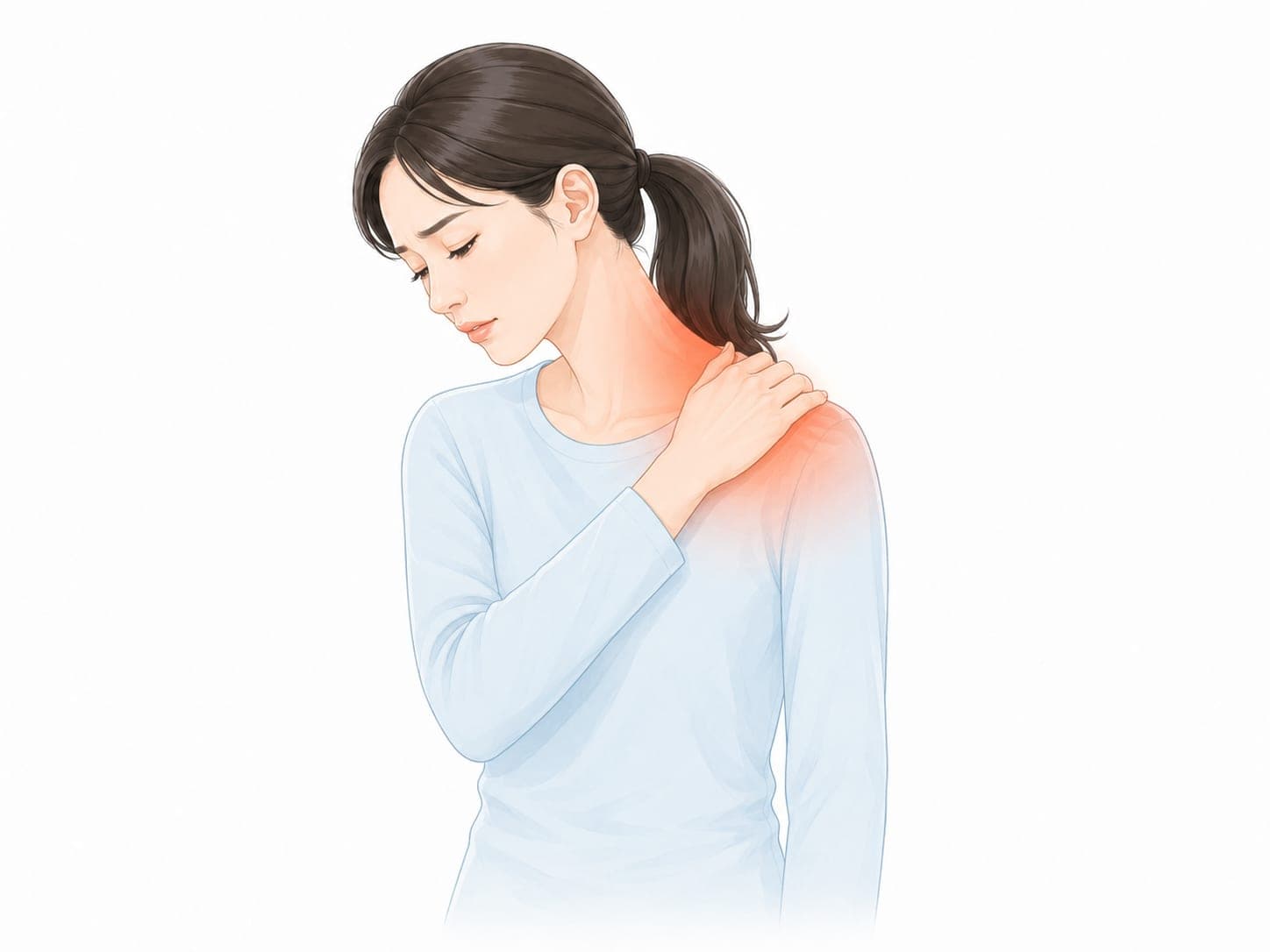 首から肩を押さえる女性のイラスト(肩こり・首の痛みのイメージ)