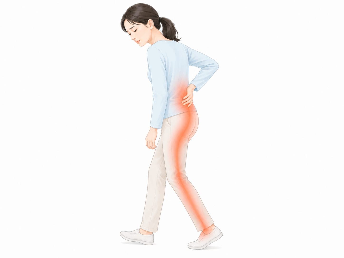 歩行中に腰から脚へ痛みが出ている女性のイラスト(脊柱管狭窄症・間欠性跛行のイメージ)