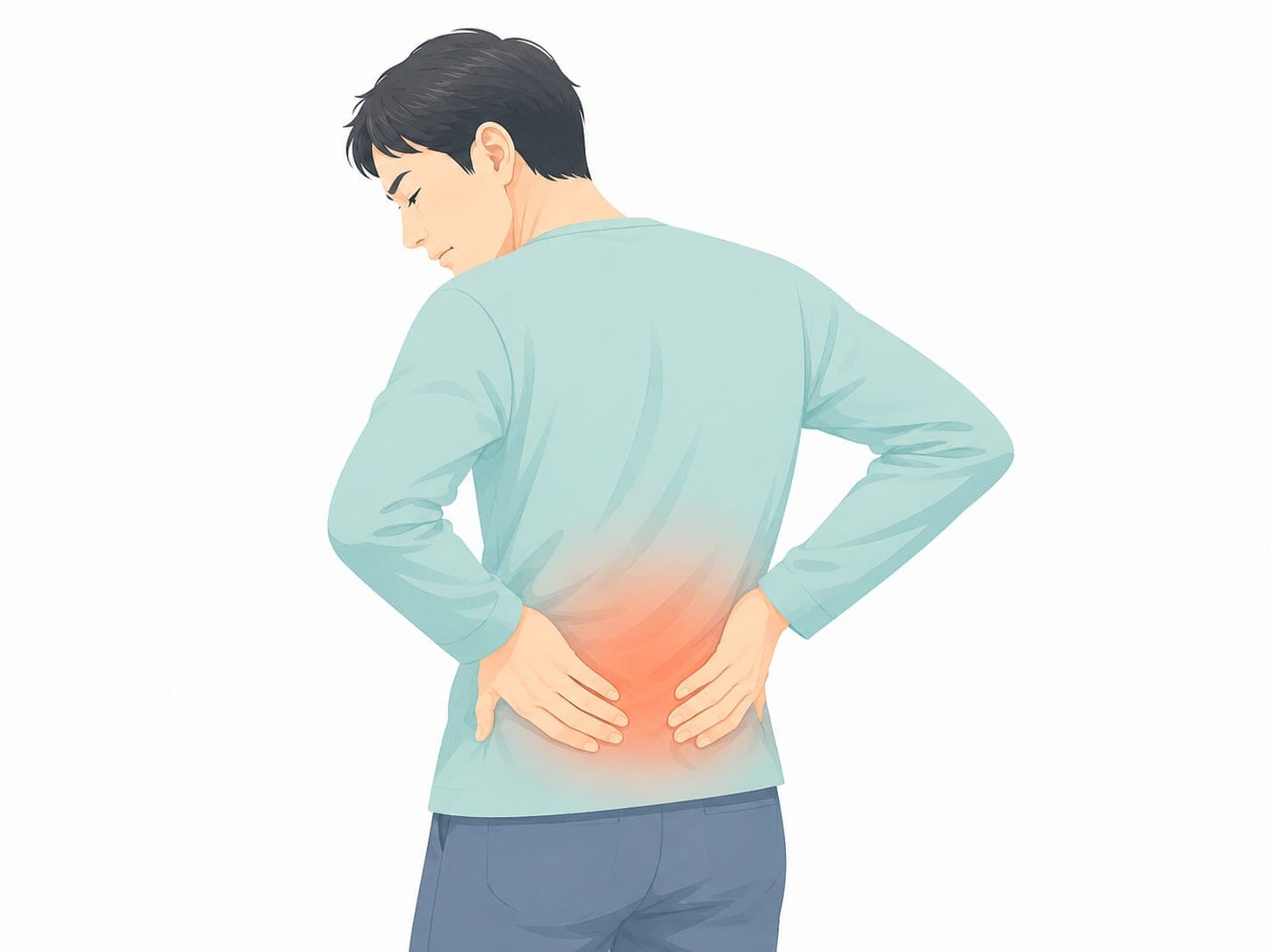 両手で腰を押さえる男性のイラスト(慢性的な腰痛のイメージ)