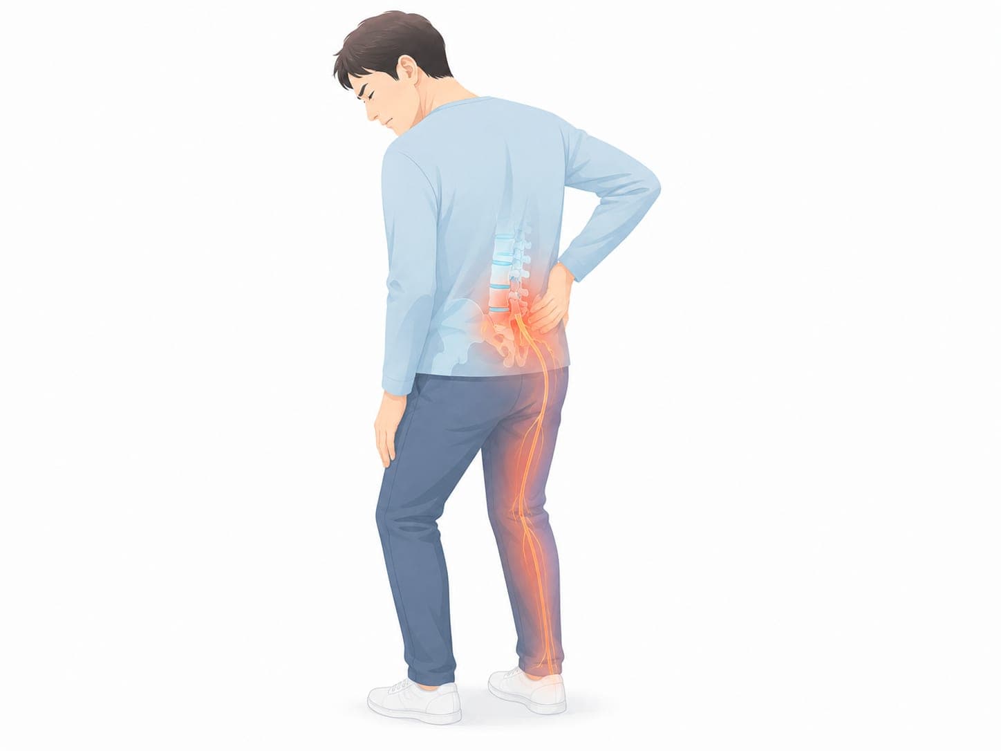 腰の背骨から脚にかけて痛みが走る男性のイラスト(椎間板ヘルニアのイメージ)