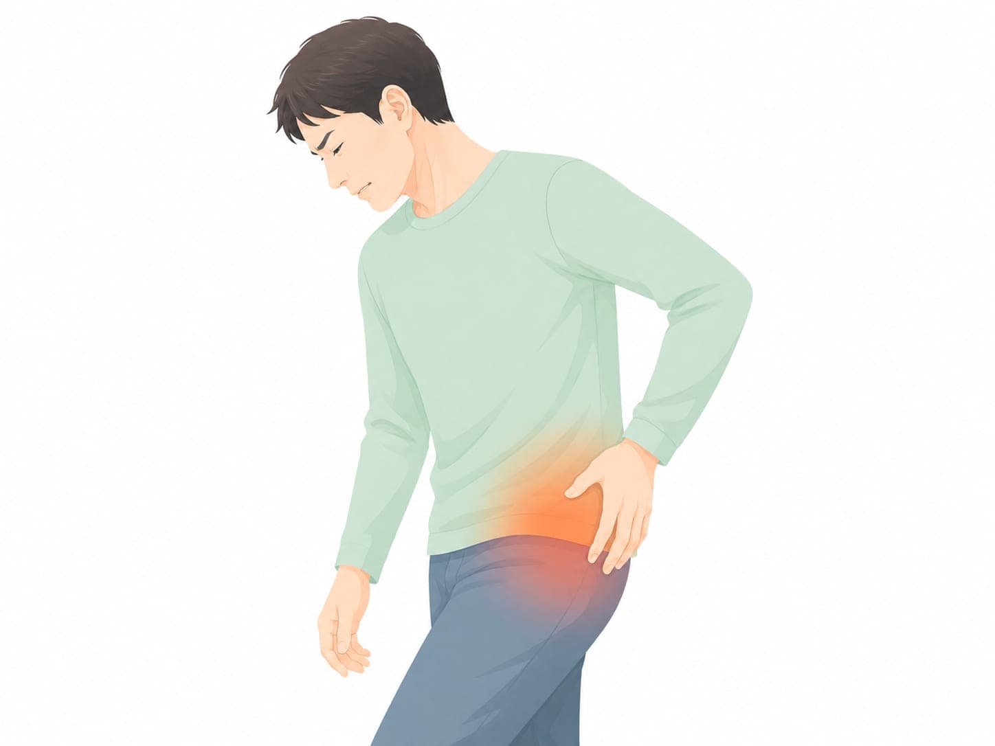 股関節の付け根を押さえる男性のイラスト(股関節痛のイメージ)