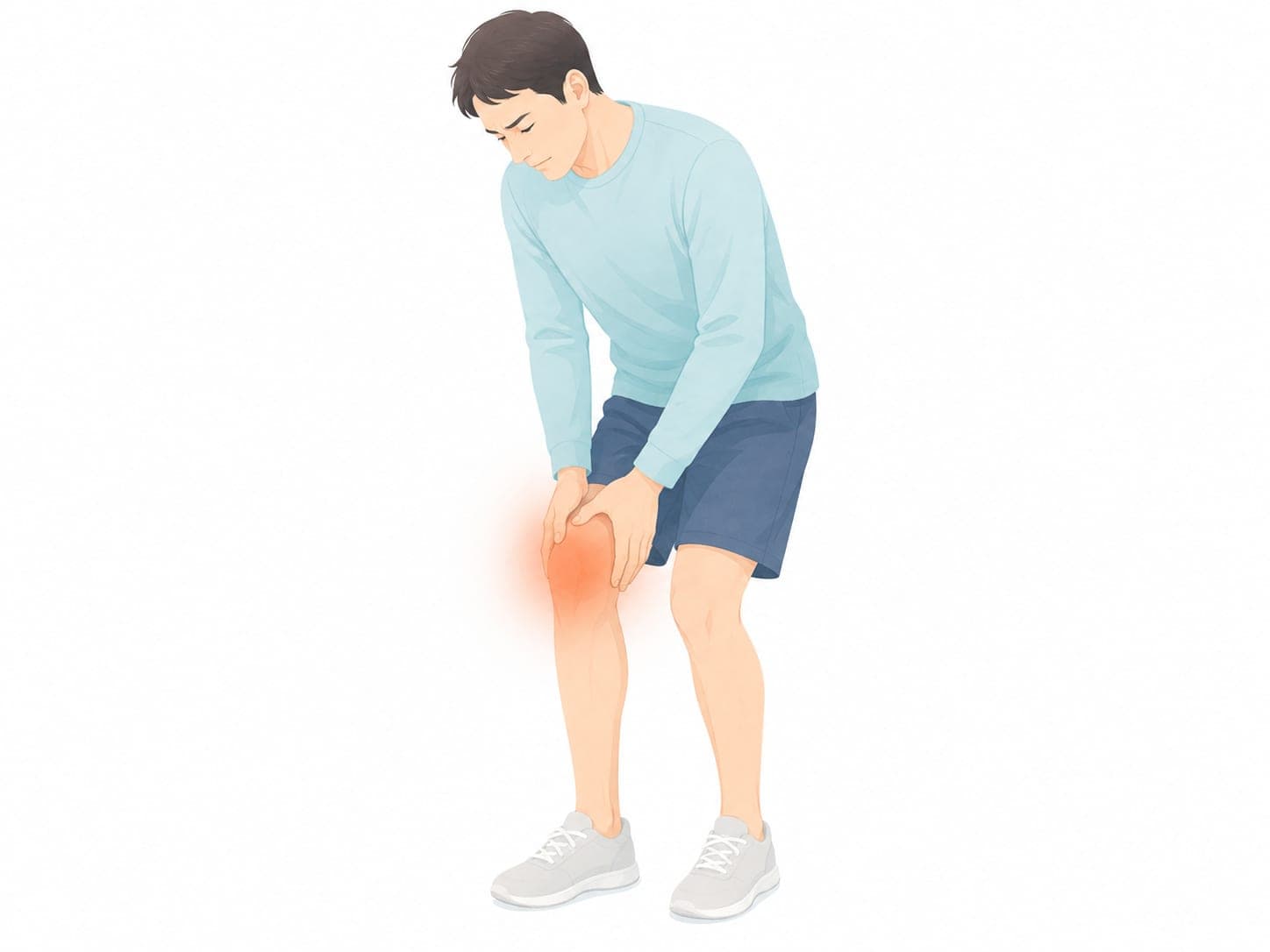 膝を押さえて前かがみになる男性のイラスト(膝の痛みのイメージ)