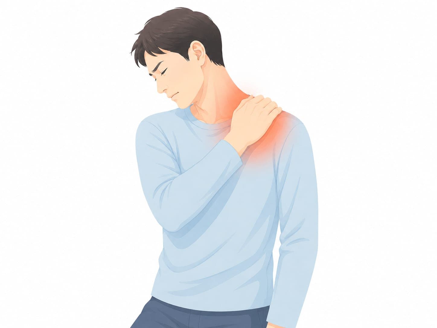 首から肩を押さえる男性のイラスト(肩こり・首の痛みのイメージ)