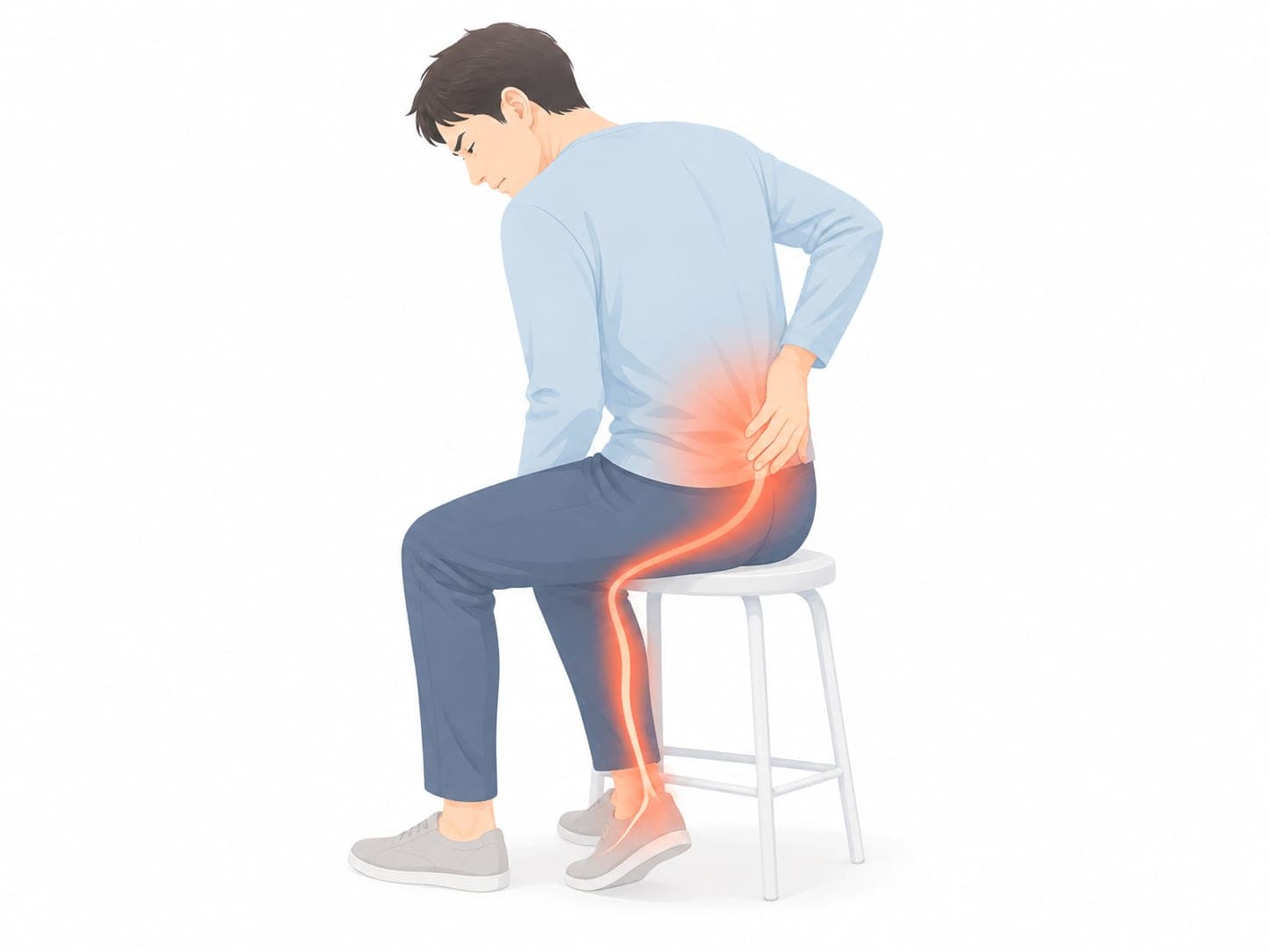 椅子に座り、腰からお尻・脚にかけて痛みが走る男性のイラスト(坐骨神経痛のイメージ)