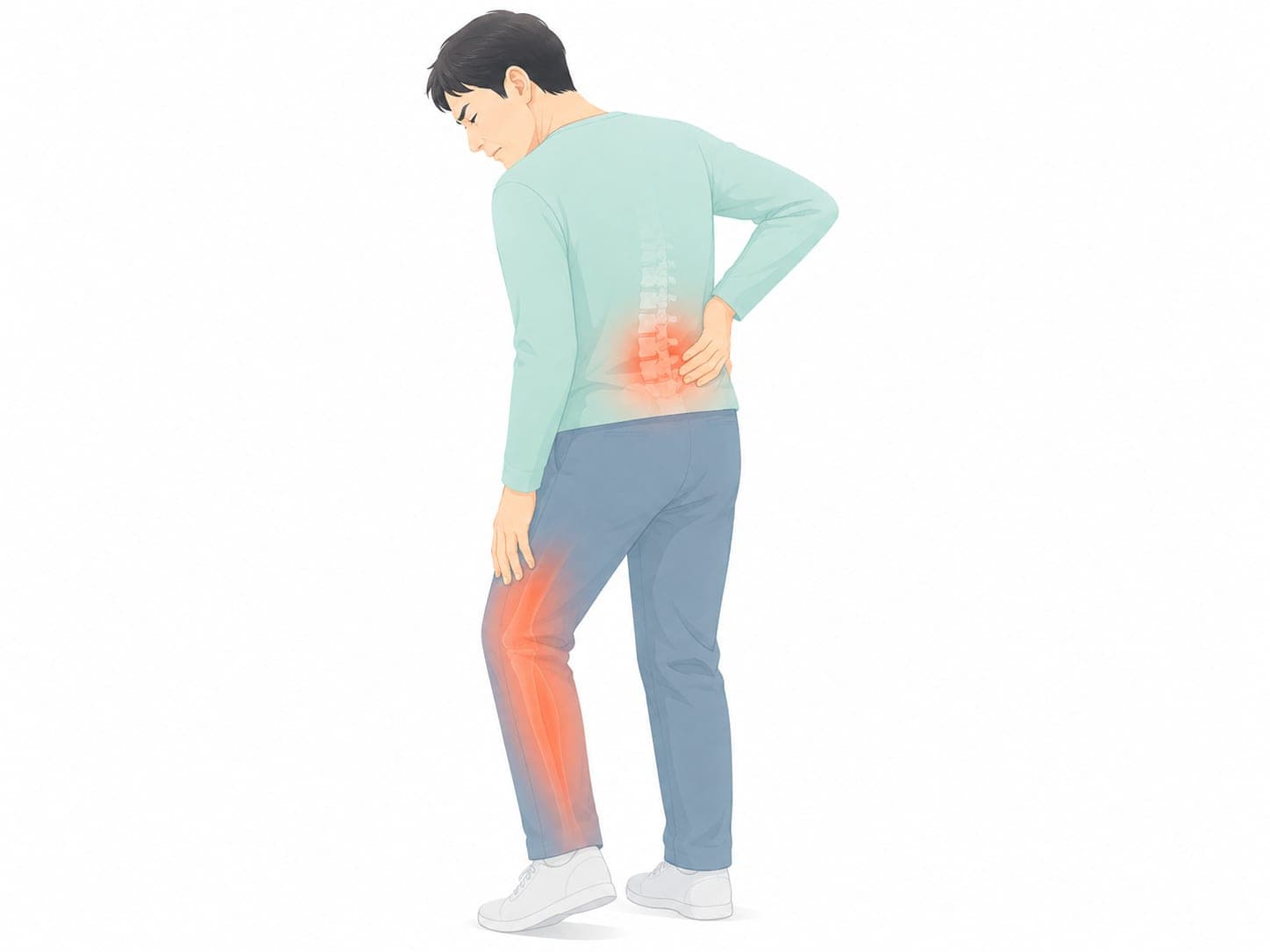 歩行中に腰から脚へ痛みが出ている男性のイラスト(脊柱管狭窄症・間欠性跛行のイメージ)