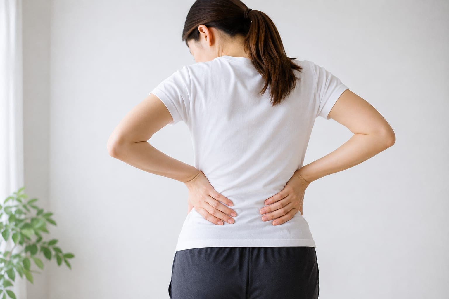 後ろ姿で腰を押さえる女性(イメージ)