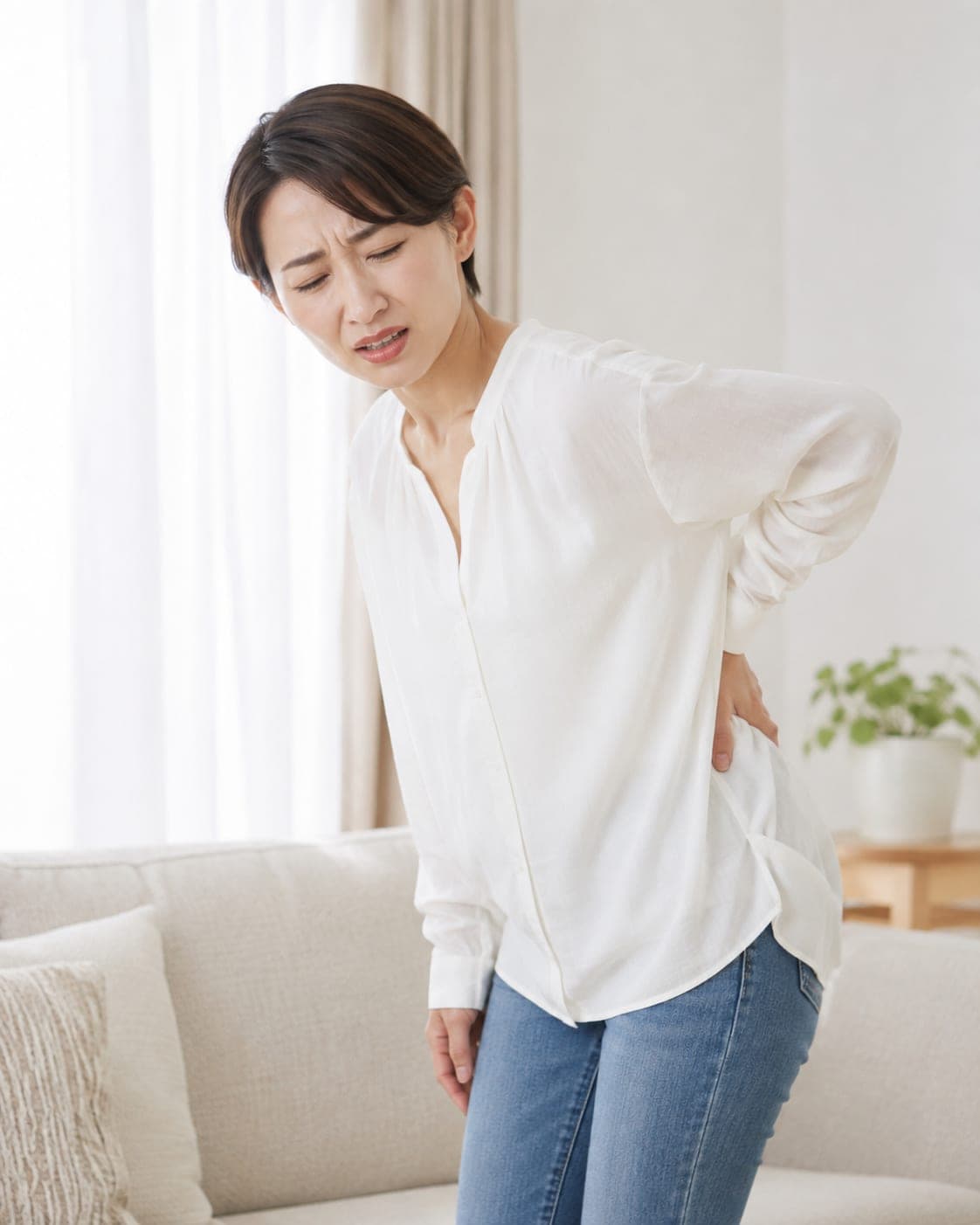 腰を押さえて立つ女性(イメージ)