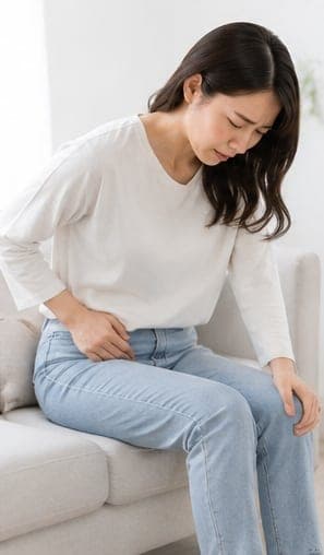 座って股関節の付け根を押さえる女性(イメージ)