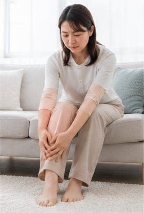 座ってふくらはぎを押さえる女性(イメージ)